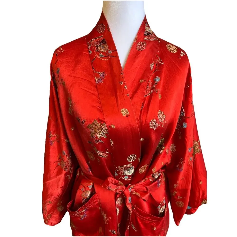 Vintage Kimono Robe Red Patchwork Reversible Asian Gold Hong Kong Retro Pockets